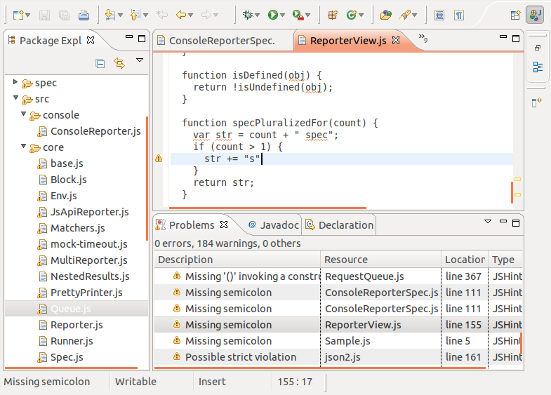 jshint-eclipse screenshot